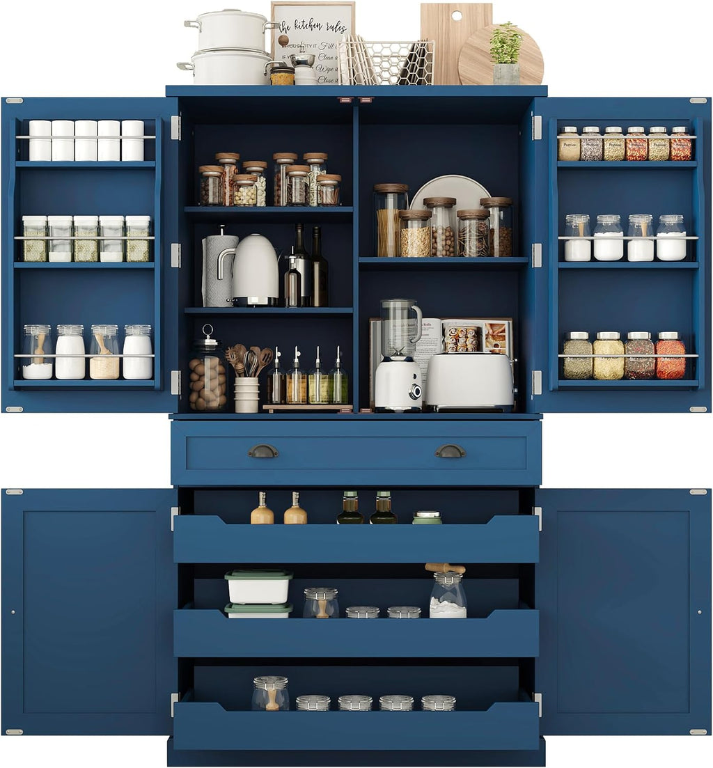 Freestanding 4 Doors Kitchen Pantry, Wood Kitchen Cupboard Storage Cabinet with 6 Door Shelves, Drawer and 3 Pull-Out Trays for Dining Room (Blue-4.14)