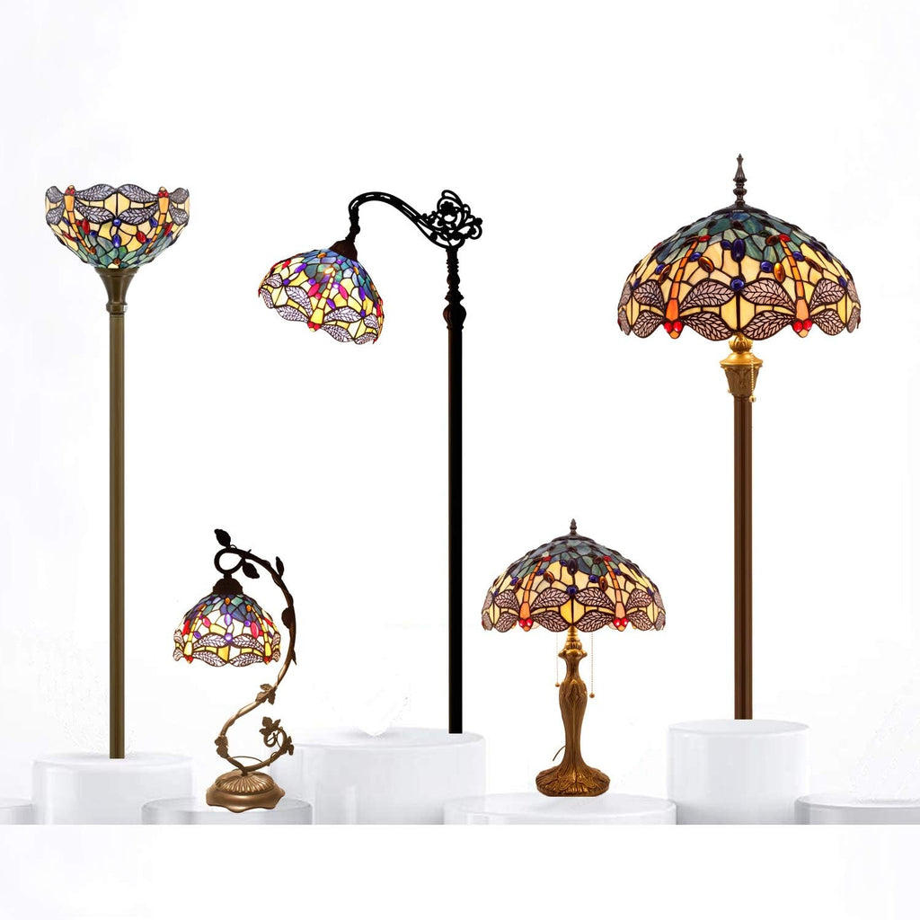 WERFACTORY Tiffany Table Lamp Sea Blue Yellow Stained Glass Dragonfly Mather-Daughter Vase Table Lamp 16X16X24 Inches Desk Light Decor Bedroom Living Room Home Office S128 Series