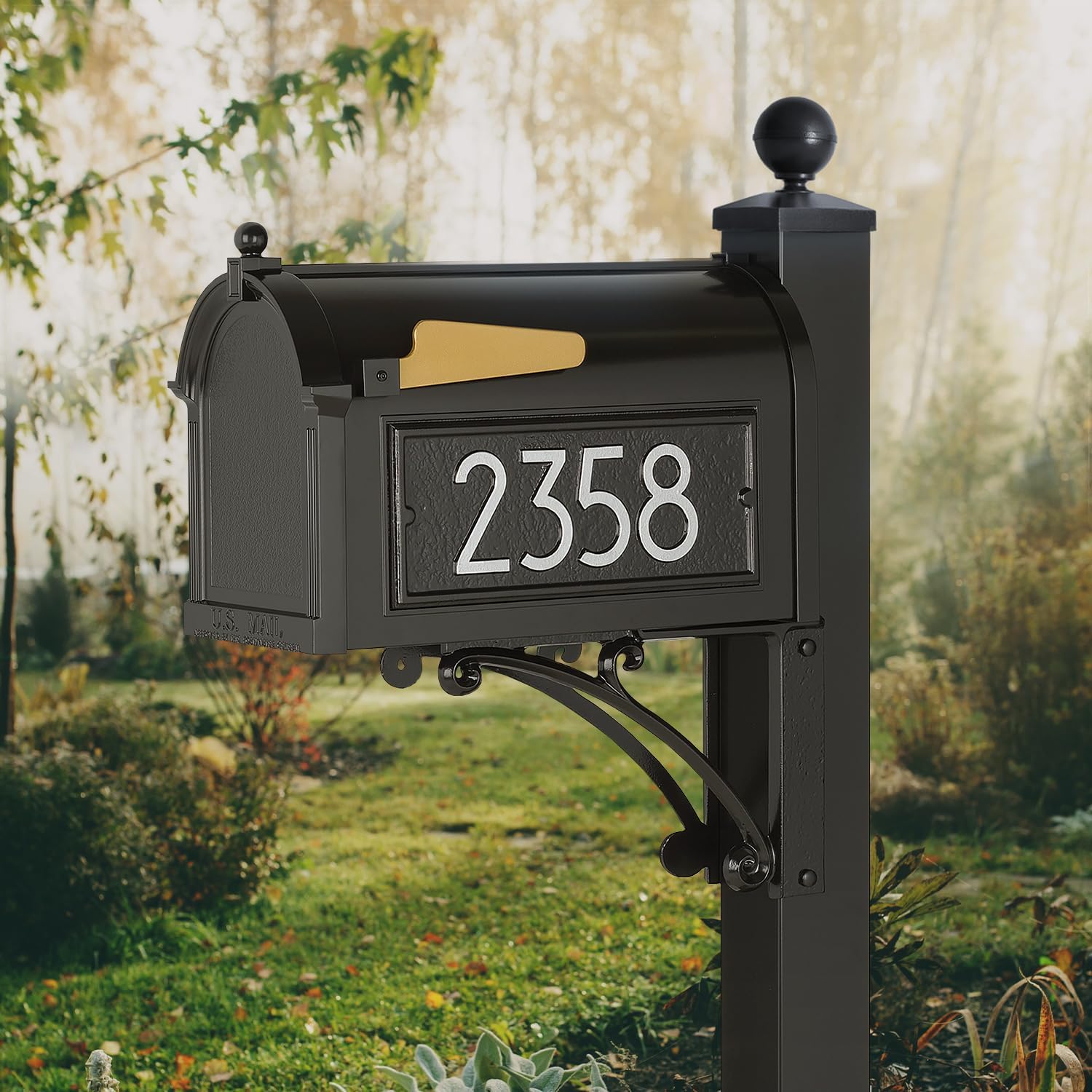 Whitehall Custom Extra Large Mailbox, Capitol Model with Modern Style Address Plaques and Post Package, Sand Cast Aluminum, Black Personalized in Silvertone