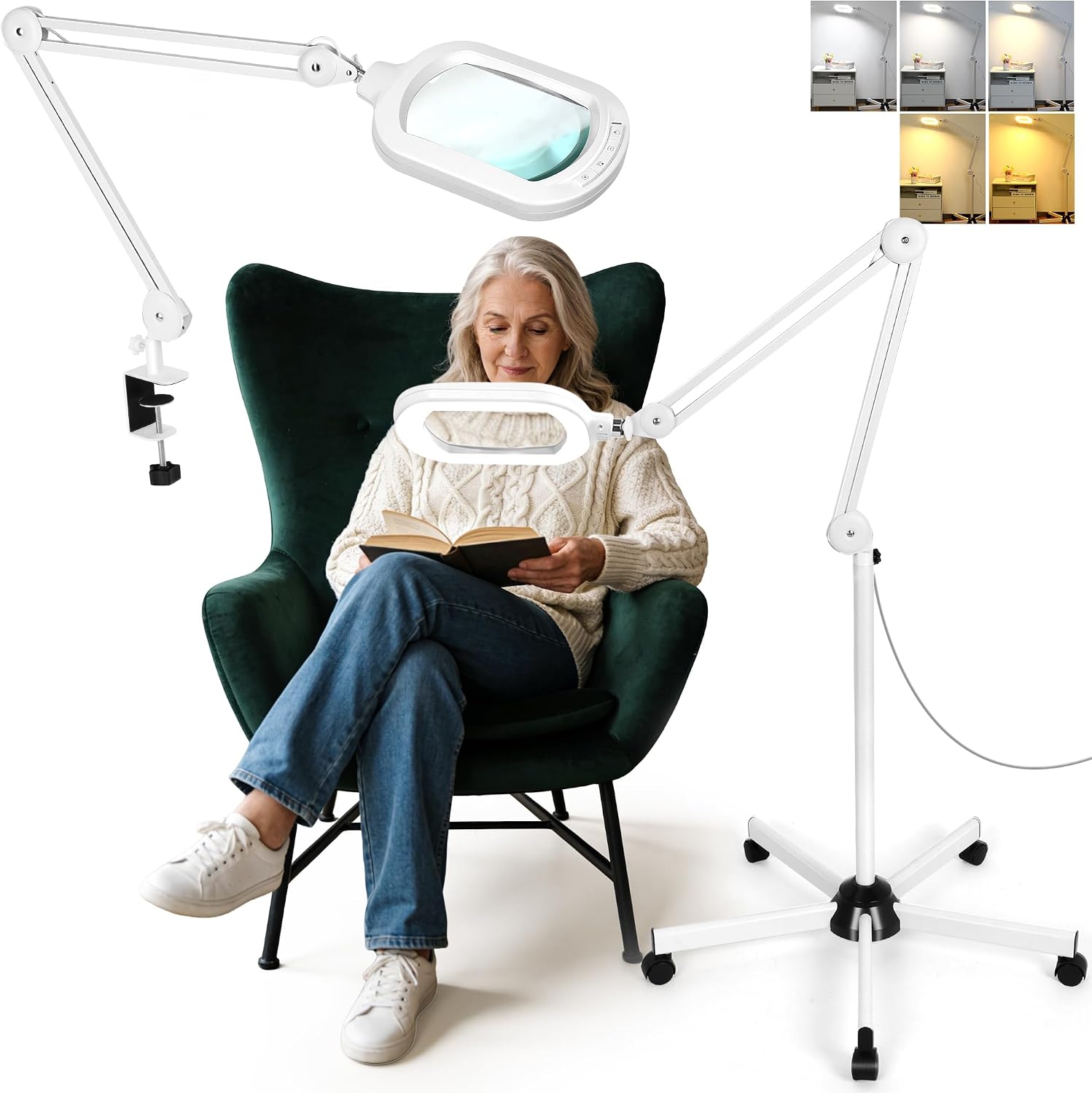 12X Magnifying Glass with Light and Stand, Large Rectangle Optical Glass Lens Floor lamp with 5 Wheels Rolling Base, 5 Color Modes LED Lighted Hands Free Magnifier for Reading Esthetician Facial Craft