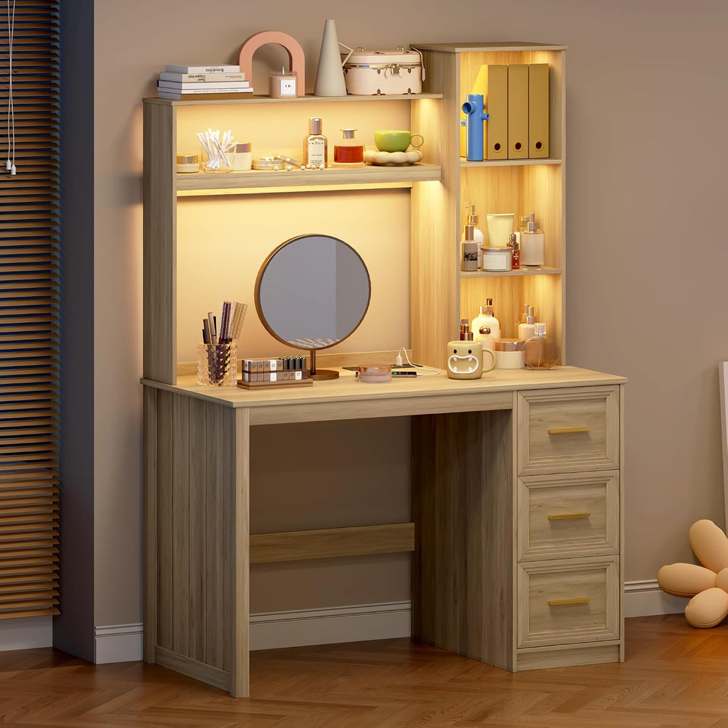 LVSOMT 40' Home Office Desk with Hutch and Drawers, Computer Desk with Power Outlets and LED Light, Study Writing Gaming Table with Storage Shelves, Workstation for Bedroom, Wood