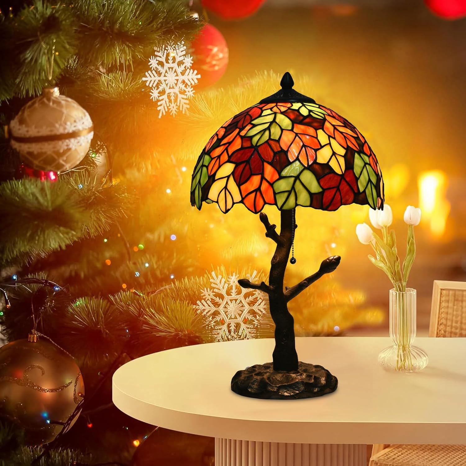 TL0021 Maple Leaves Tiffany Table Lamp Stained Glass Shade Reading Desk Light 12 X 20 Inches for Bedroom Living Room, Handcrafted Art Deco for Home Office, LED Bulb Included (Maple Leaves)