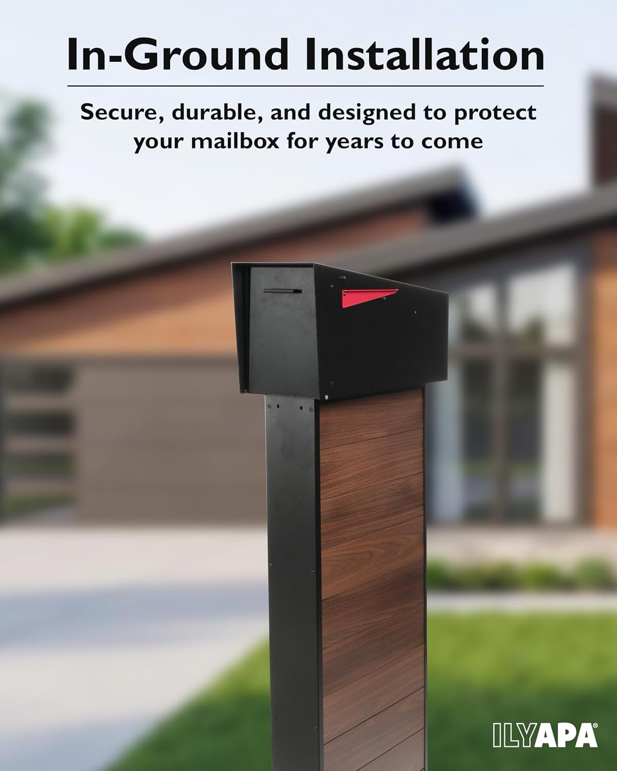 Ilyapa Modern Mailbox Post for Outside, 41x18x5 inch Wood Look Metal Mail Box Posts for Decorative Residential Mailboxes, Includes Adjustable Universal Mounting Plate