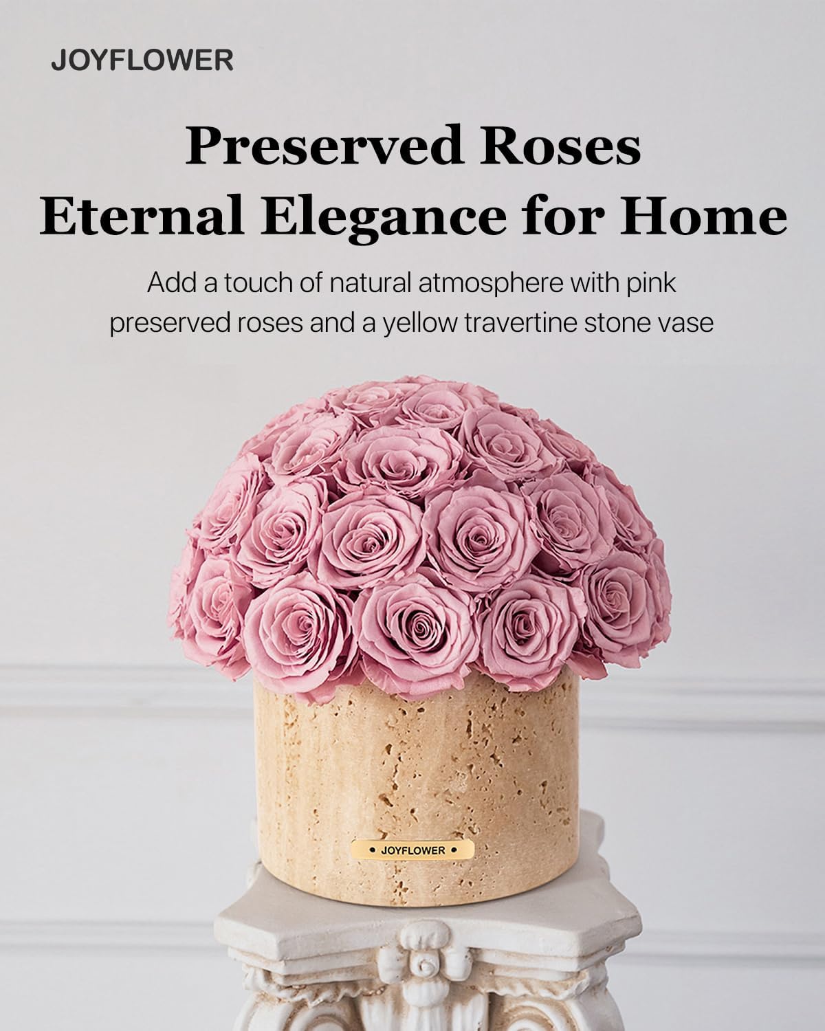 JoyFlower Preserved Flowers Vase, Yellow Travertine Vase with Forever Flowers Decor for Table Centerpieces, Pink Eternal Flower Vase Decorations for Party Home Living Room Bedroom House Coffee Shop