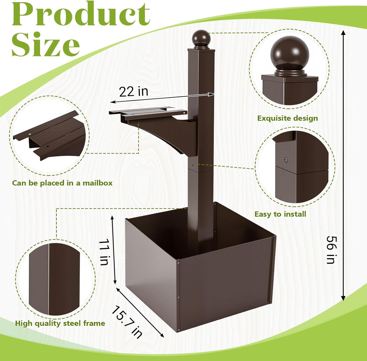Colingmill 1 Set Iron Mailbox Posts with Planter Box for Outside 56 Inch / 4.6 ft Tall Decorative Mount with Flower Box Heavy Duty Architectural Post(Brown)