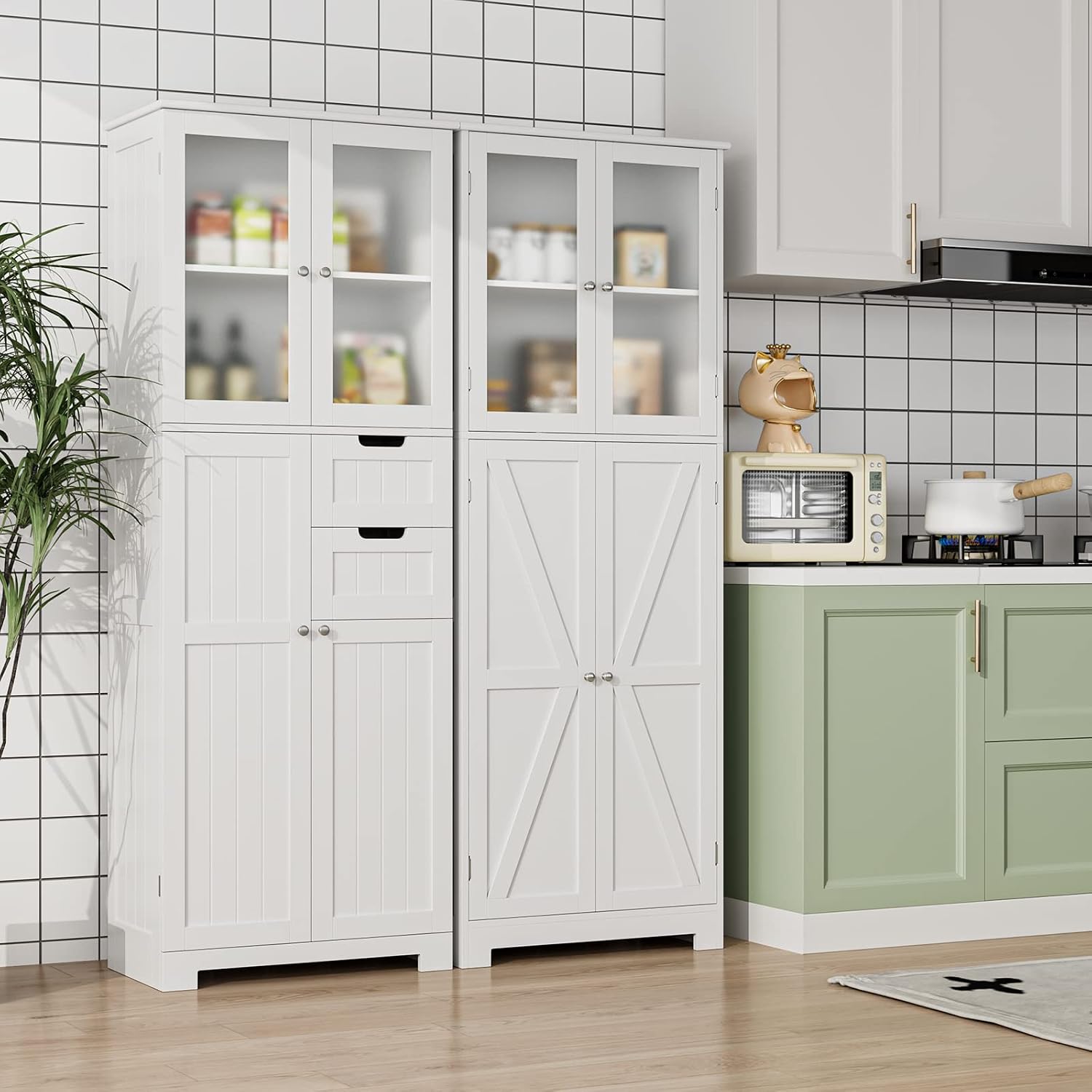 BOTLOG 67'' Tall Bathroom Storage Cabinet, Linen Cabinet with Glass Doors and Adjustable Shelves, Kitchen Pantry with 2 Drawers for Bathroom, Living Room, Dining Room, White
