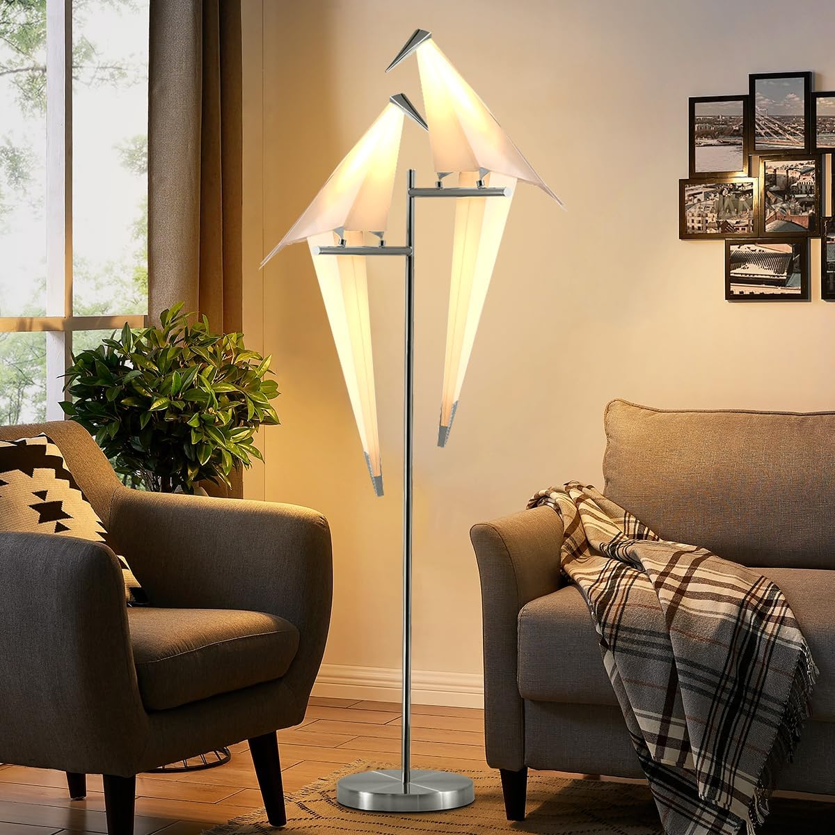 68In Bird Floor Lamp, Modern Origami Bird Lamp, Silver Swinging Crane Pendant Light Fixtures for Living Room Bedroom Dinning Room Office