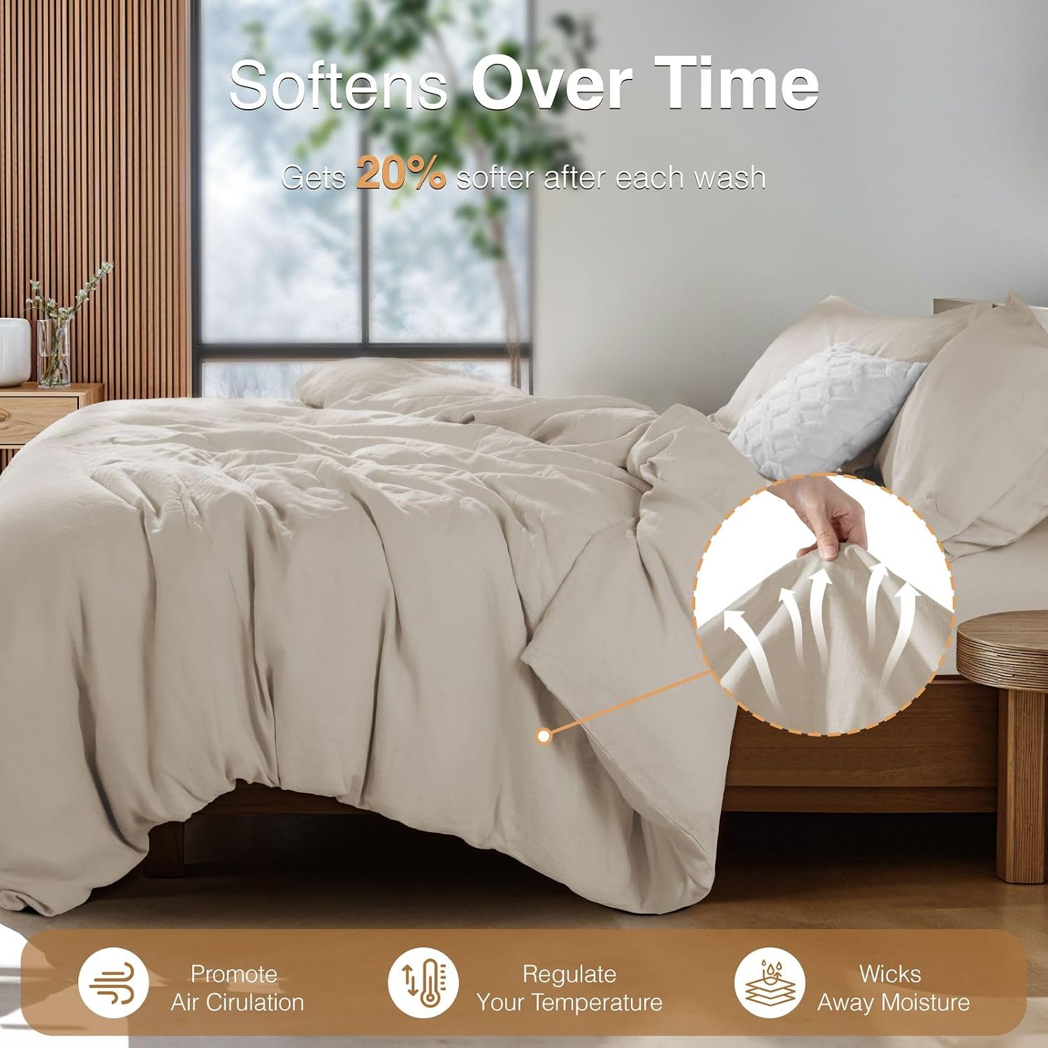 SONORO KATE 100% French Linen Duvet Cover King Size, Soft Breathable for Hot Sleepers, Moisture Wicking & Durable Cover Set - Zipper Closure & 4 Corner Ties Duvet Covers 3 Piece (Linen,King)