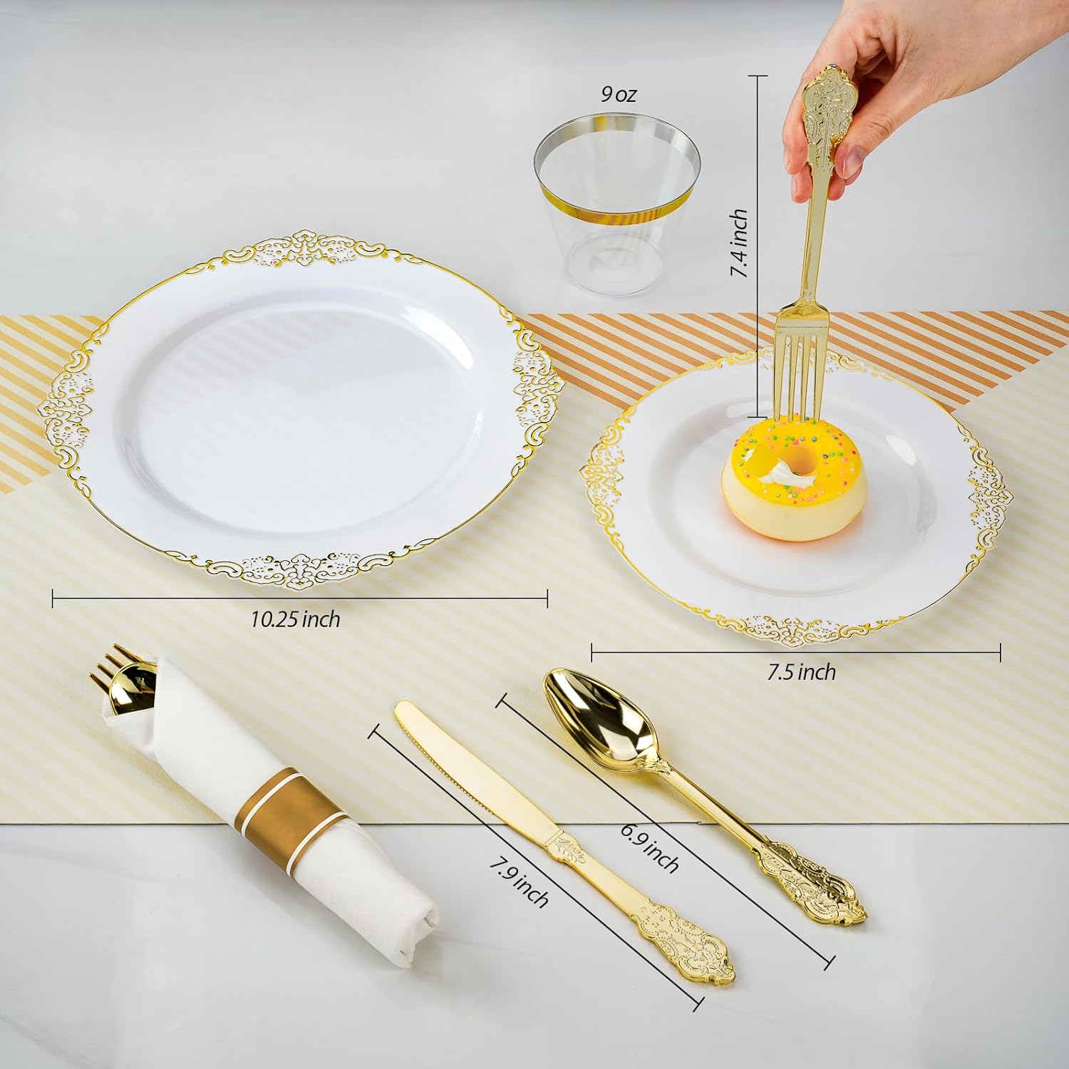 Bestluck 700PCS Gold Plastic Plates for 100 Guests, Disposable Dinnerware Sets Include 200 Gold Rim Plastic Plates, 100 Silverwares, 100 Cups, and 100 Pre Rolled Napkins for Party, Wedding, Graduation