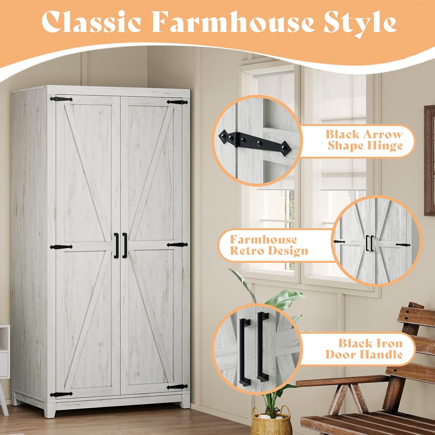 LUXOAK 70' Large Armoire Wardrobe Closet with Hanging Rod, Farmhouse Clothing Storage Cabinet with 2 Barn Doors, Wooden Tall Bedroom Armoires with Shelf, Distressed White