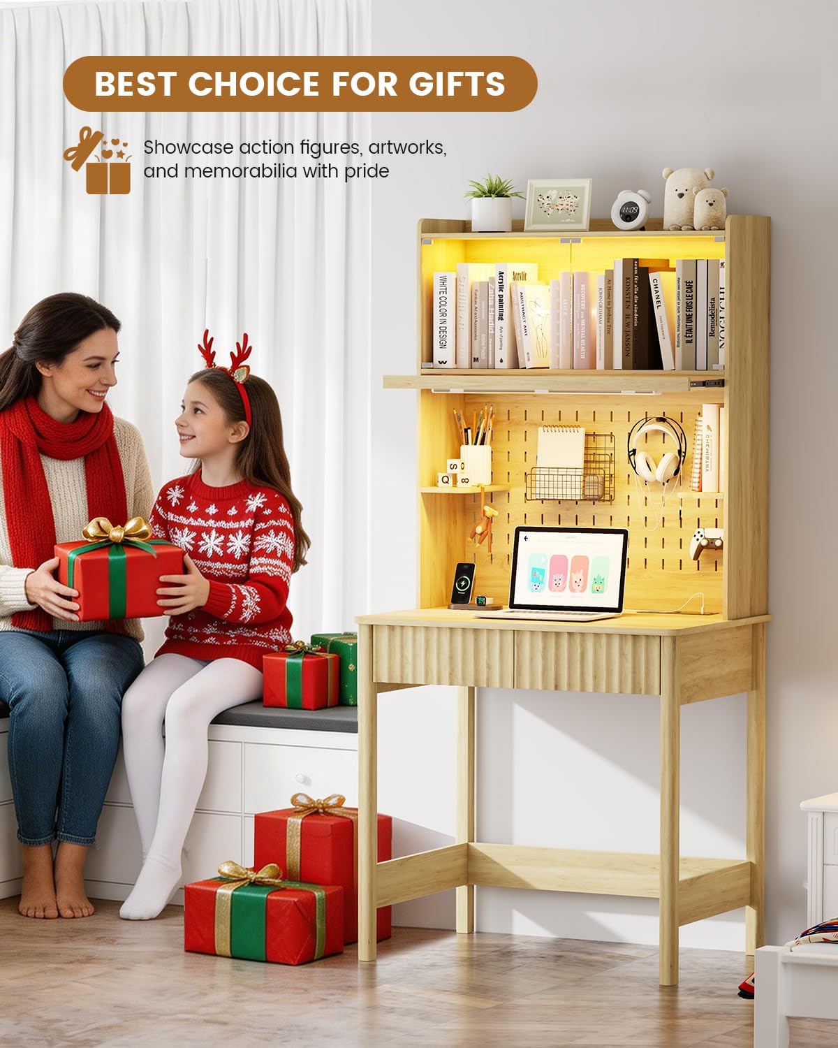 HNEBC Natural Computer Desk - with Power Outlets & Chariging Station,Small Writing Desk with Hutch and Drawers,66.3''H Office Desk with Pull-Out LED Lights,Pop-up Glass Door,Pegboards,Bedroom