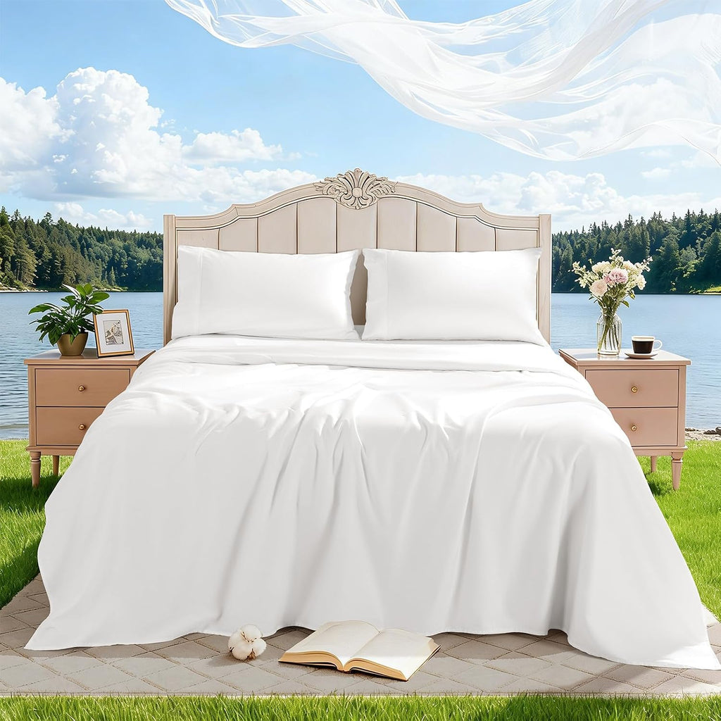100% Egyptian Cotton Sheet Set 4 Pcs Clifornia King Size Sheets 1000 Thread Count Breathable Soft Bedding Set Fitted Sheet with 16' Deep Pocket (California King, White)