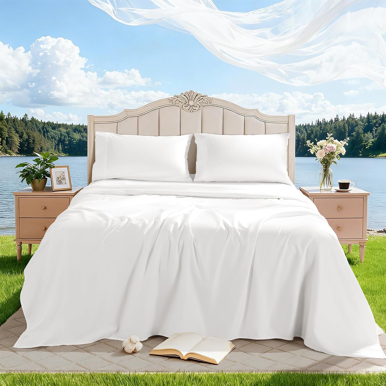 100% Egyptian Cotton Sheet Set 4 Pcs Clifornia King Size Sheets 1000 Thread Count Breathable Soft Bedding Set Fitted Sheet with 16' Deep Pocket (California King, White)