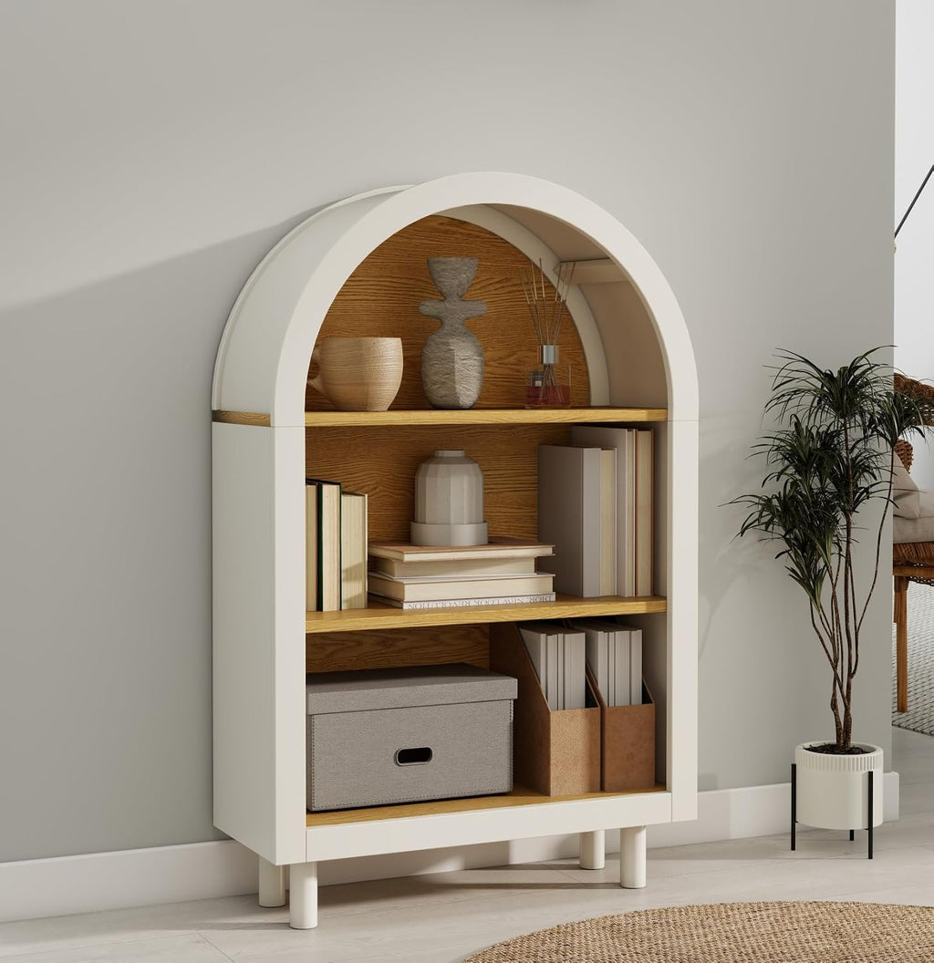 QMIT Arched Small Wooden Bookshelf, White 3 Tier Storage Bookcase Cabinet with Open Display Shelves for Living Room, Bedroom, Entryway