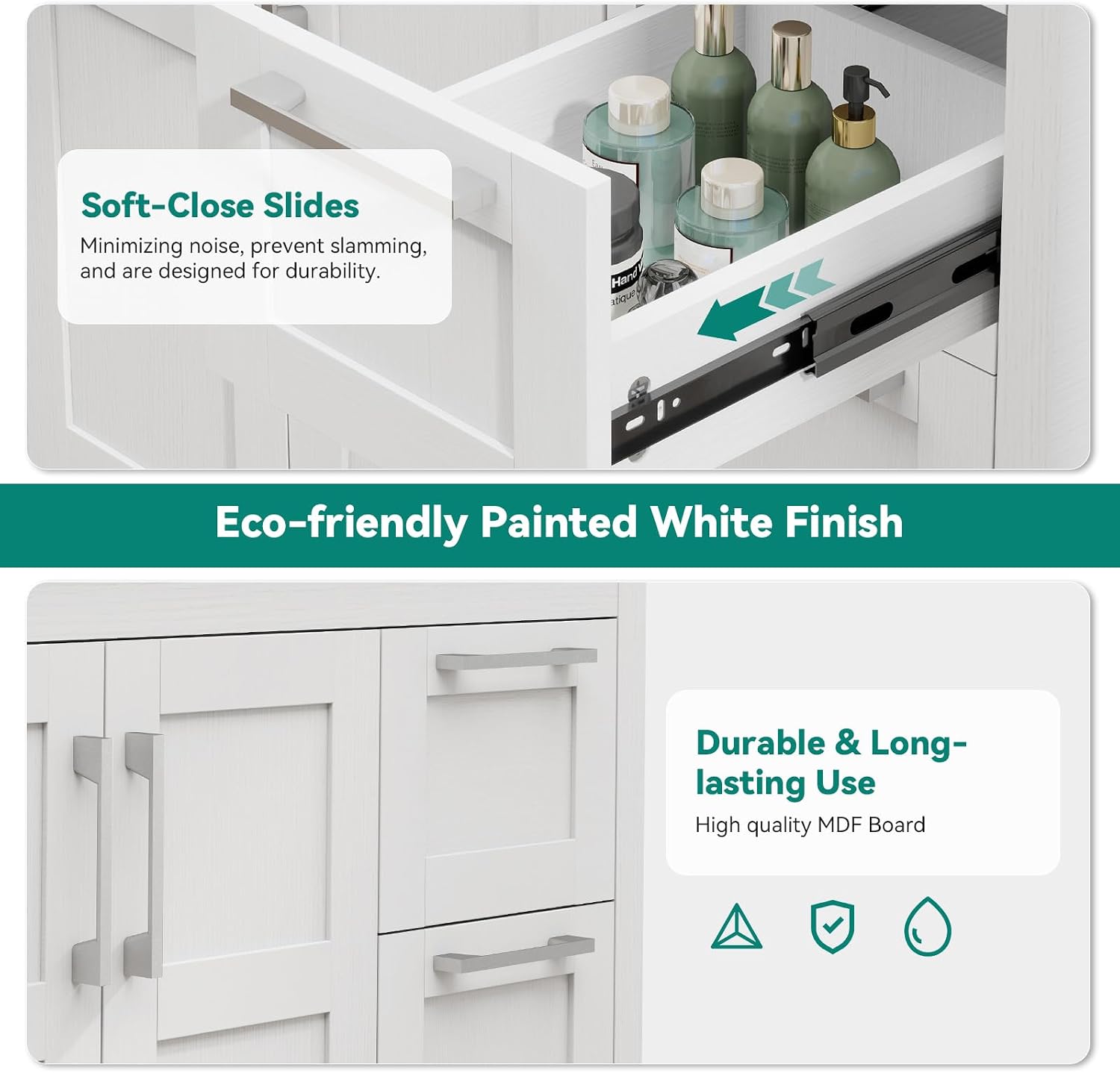 YOURLITE 36 Inches Traditional Bathroom Vanity Set with Single Faucet Hole, Clear Boat Glass Sink, White Finish, 2-Door Cabinet