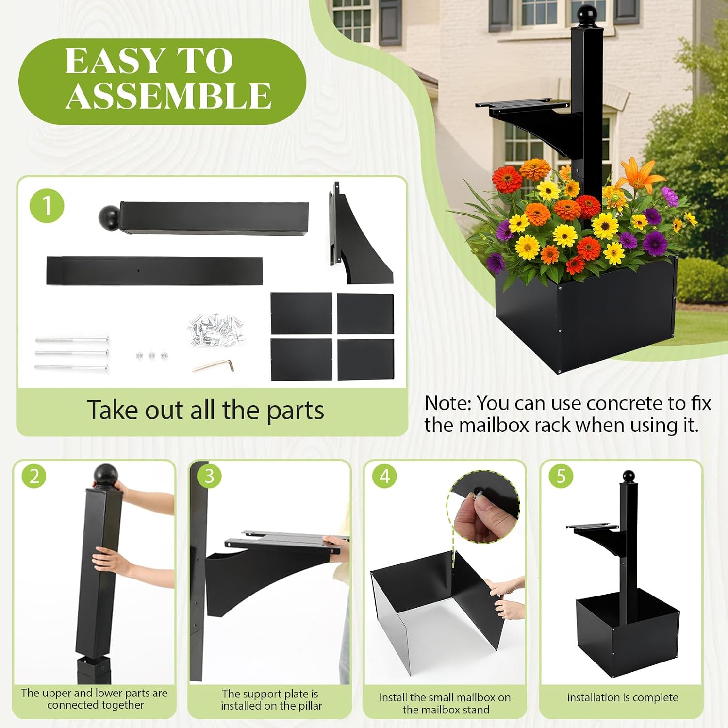 Colingmill 1 Set Iron Mailbox Posts with Planter Box for Outside 56 Inch / 4.6 ft Tall Decorative Mount with Flower Box Heavy Duty Architectural Post(Black)