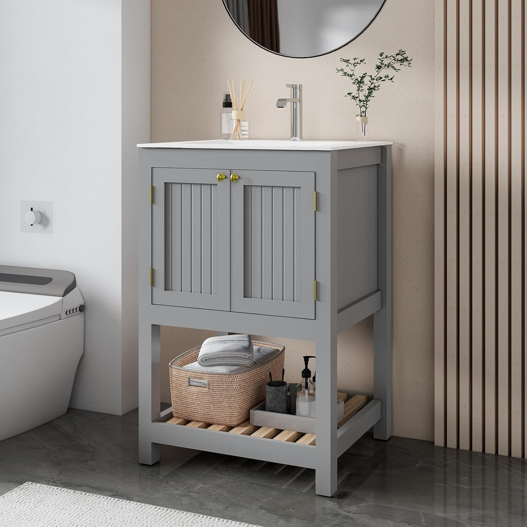 24 Inch Small Bathroom Vanity with Sink, Modern Bathroom Sink Cabinet with Open Shelf, Ceramic Basin, Gray