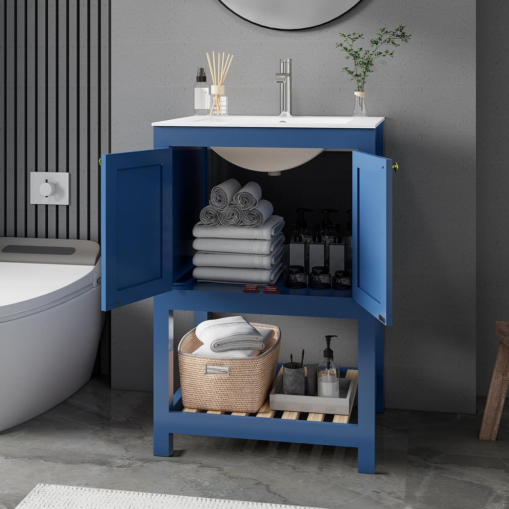24 Inch Small Bathroom Vanity with Sink, Modern Bathroom Sink Cabinet with Open Shelf, Ceramic Basin, Blue