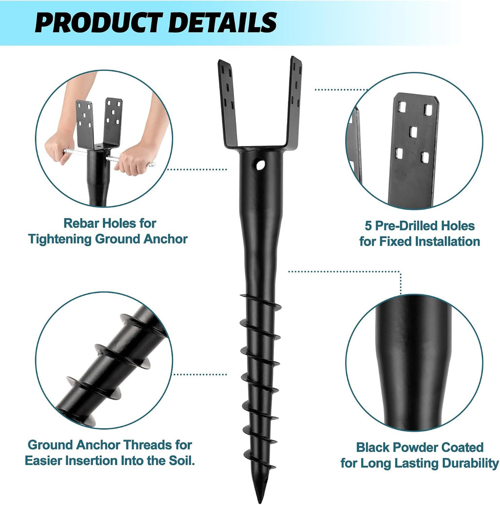 No Dig Ground Screw Anchor - Black U Shaped Post Stake for 4x4 Wood Posts, Includes Lag Bolts & 27' Rebar, for Mailbox Posts and Fence Posts Anchor, 4 Pack