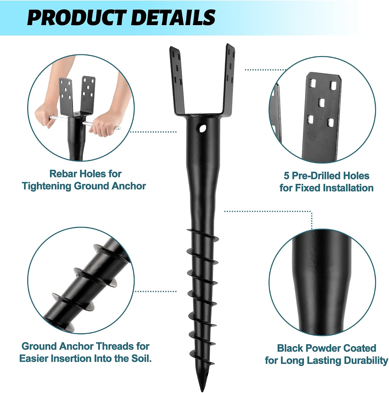 No Dig Ground Screw Anchor - Black U Shaped Post Stake for 4x4 Wood Posts, Includes Lag Bolts & 27' Rebar, for Mailbox Posts and Fence Posts Anchor, 4 Pack