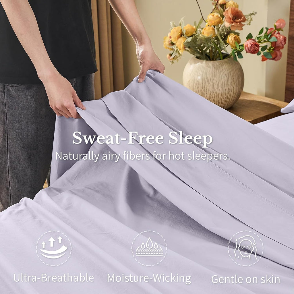 MEISHANG 100% French Pure Linen Sheets King Size - Bed Sheets 4 Piece Sets, Soft Durable Flax Linen, Anti-Tear Breathable Moisture Wicking with 16' Deep Pocket (Light Purple)