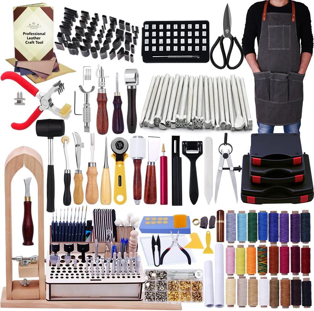 BUTUZE Leather Kit 440Pcs The Most Complete Leather Working Tool Set, Punch Cutter Tools, Letter and Number Stamp, Stamping Set, Apron, Tanned Instructions for Beginners, Professionals
