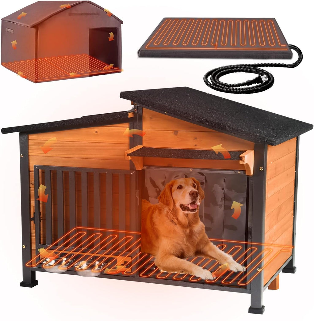 GUTINNEEN Large Heated Dog House Outdoor with Safe Heater and Thermal Liner, Insulated Dog Kennel Indoor Weatherproof Dog Shelter with Rotatable Spill-Proof Bowl for Large Dog Breeds