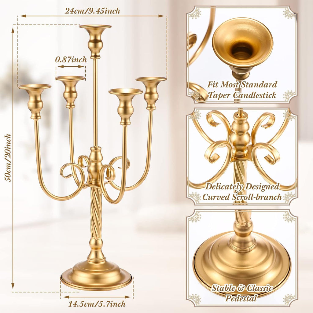 Rtteri 6 Pcs Gold Candelabra Candlestick Holder Metal Candle Stand Candelabra for Taper Candles Table Centerpieces Wedding Christmas Holiday Birthday Party (9.45 x 9.45 x 19.7 Inch,5 Arm)