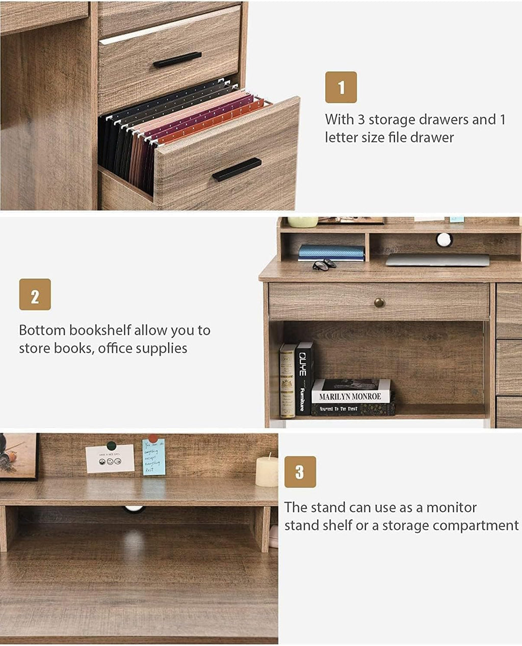 HOMBCK Computer Desk with 4 Drawers and Storage, Small Office Desk with File Drawers and Hutch, Farmhouse Wood Writing Student Table for Home Office, Bedroom, Wooden Grey