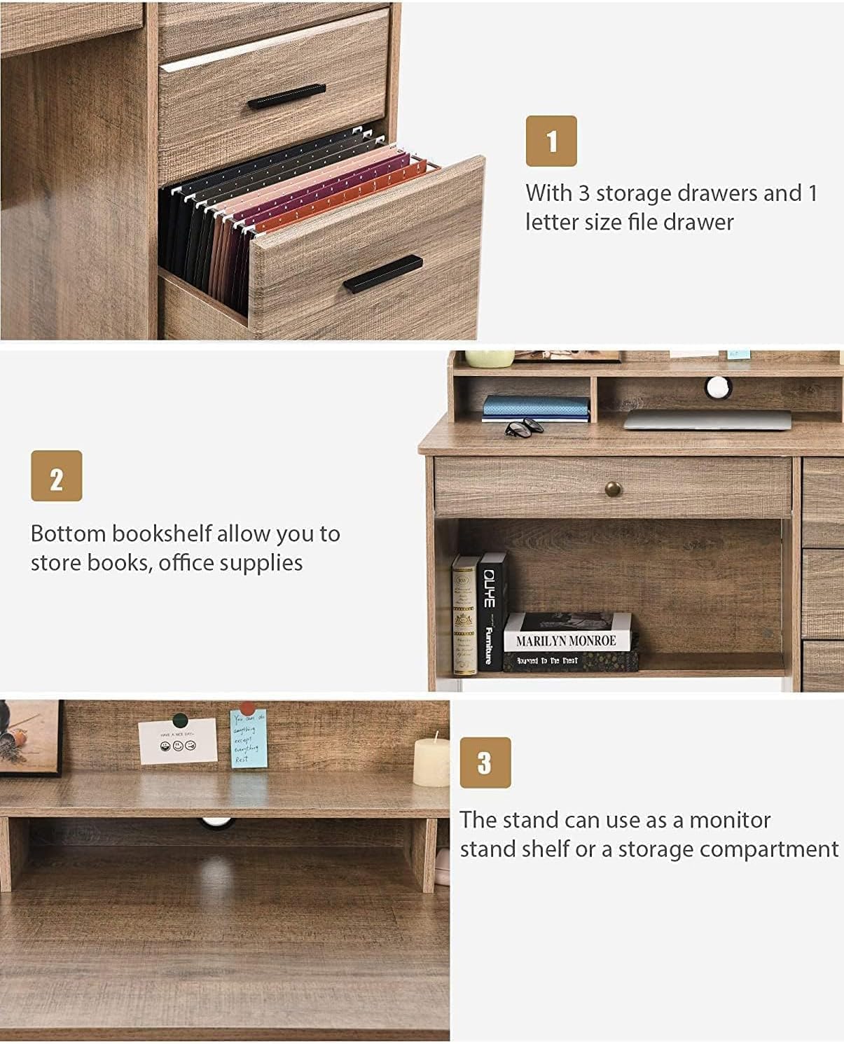HOMBCK Computer Desk with 4 Drawers and Storage, Small Office Desk with File Drawers and Hutch, Farmhouse Wood Writing Student Table for Home Office, Bedroom, Wooden Grey