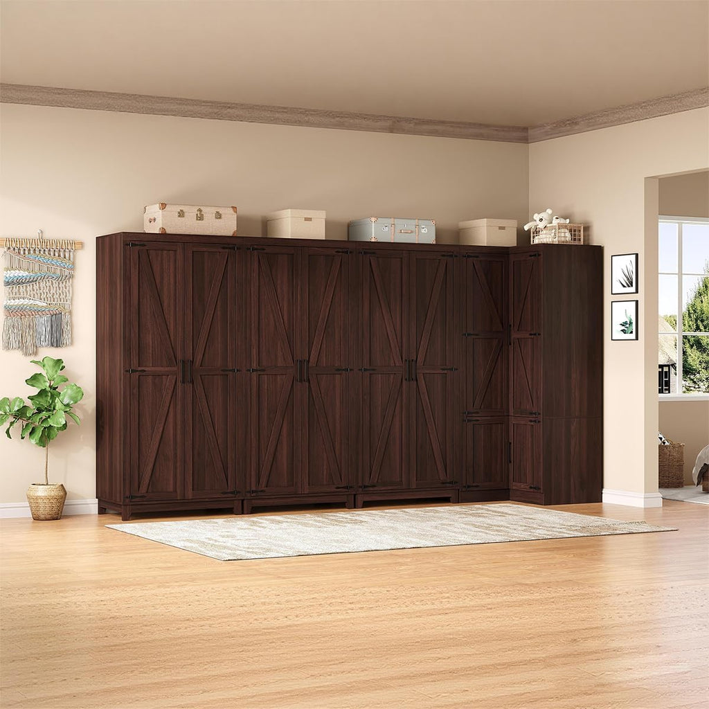 WERSMT 70' Corner Armoire Wardrobe Closet with Barn Door & Shelves, L Shaped Closet Bedroom Clothing Storage Cabinet for Hanging Clothes, Farmhouse Wooden Wardrobe Closets for Bedroom, Espresso