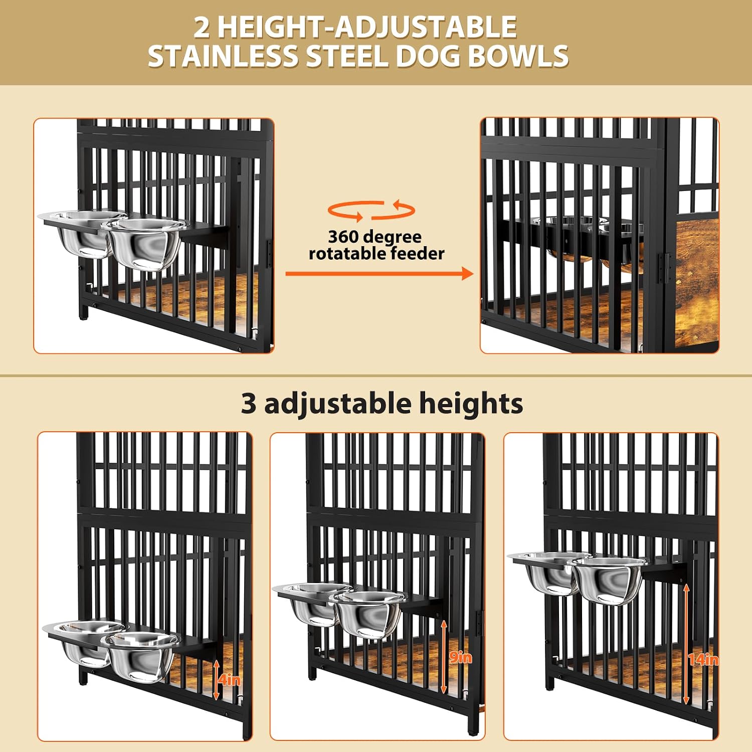BEURUKU XL Dog Crate Furniture, Large Dog Kennel Indoor with 2 Adjustable Bowls, Heavy Duty Dog Crate for Large Dogs 48 Inch, Wooden Dog Cage Brown, 48' L X 30' W X 45' H