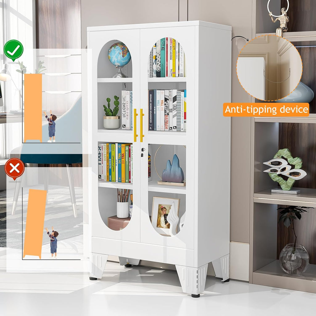 PAOFIN 47' H Locking Display Cabinet with Glass Door, Metal Cabinets with 3 Adjustable Shelves, Cabinet Display Case for Living Room, Collectibles, Clinic, Home - Assembly Required White
