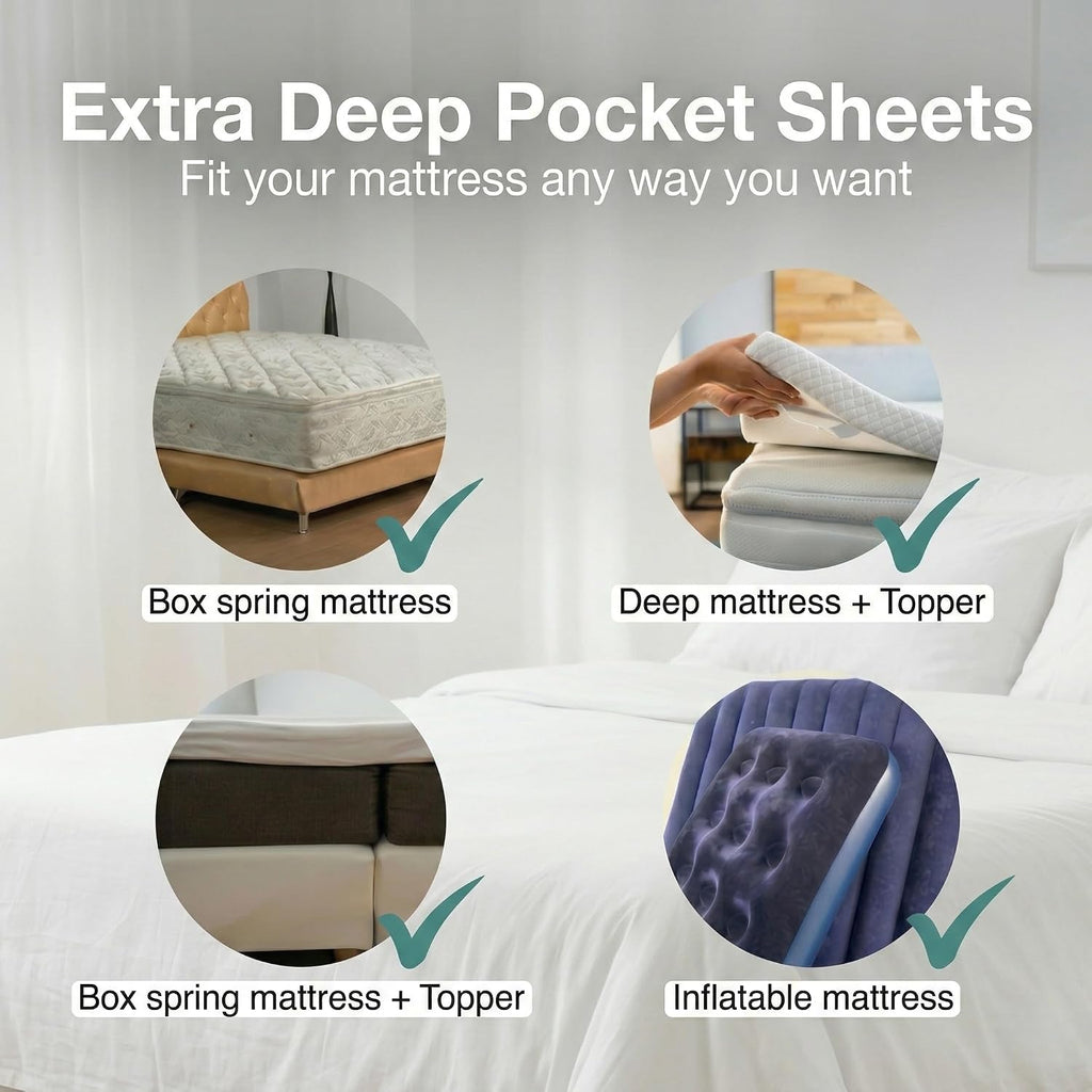 GOKOTTA Bed Sheets 6 Piece Set, 100% Rayon Derived from Bamboo, Extra Deep Pocket Fitted Sheet with Elastic Corner Straps, Soft Luxury Hypoallergenic (White, Queen)