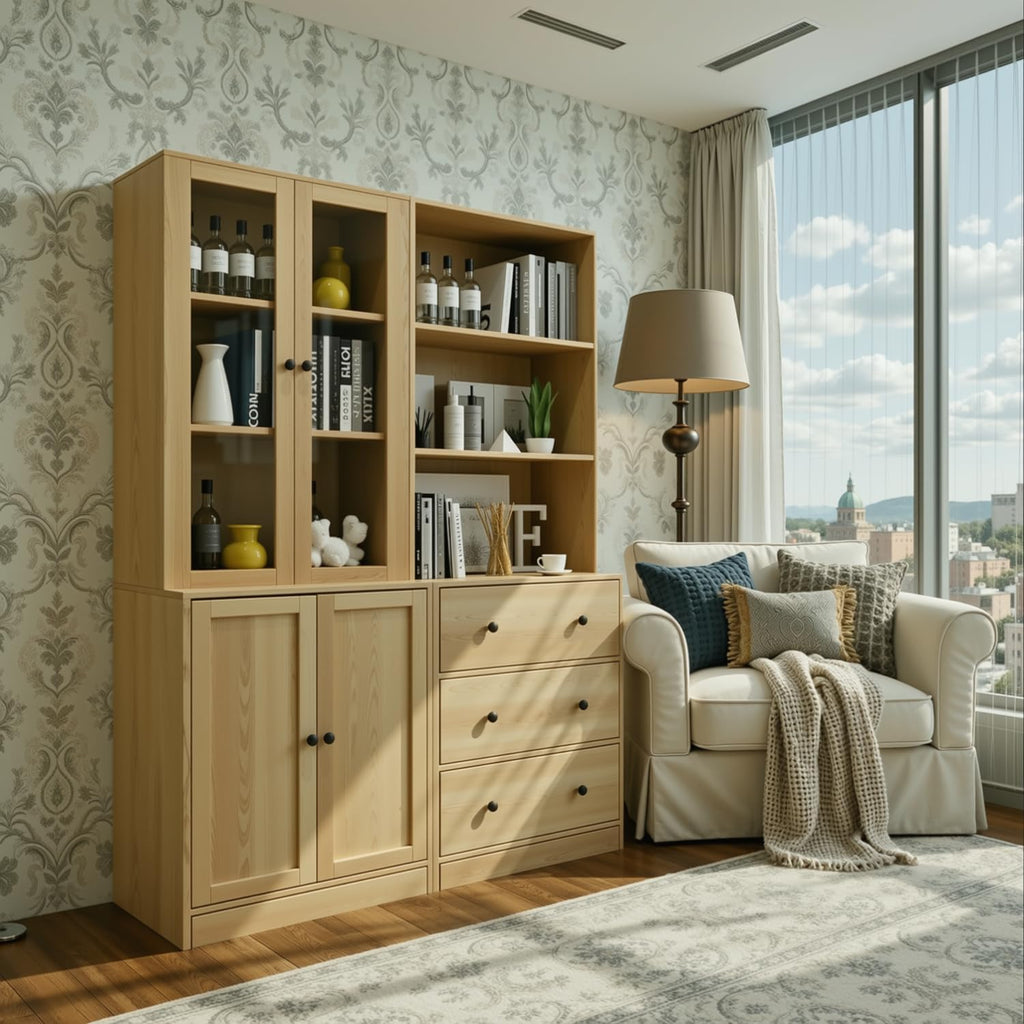 TUSY 71' H Bookshelf with Storage, 6-Tier Modern Bookshelves with 3 Large Drawer, Display Bookcase with Glass Doors, Modern 5-Tier Curio Cabinet for Home Office, Dining Room (Wood, ABBA)