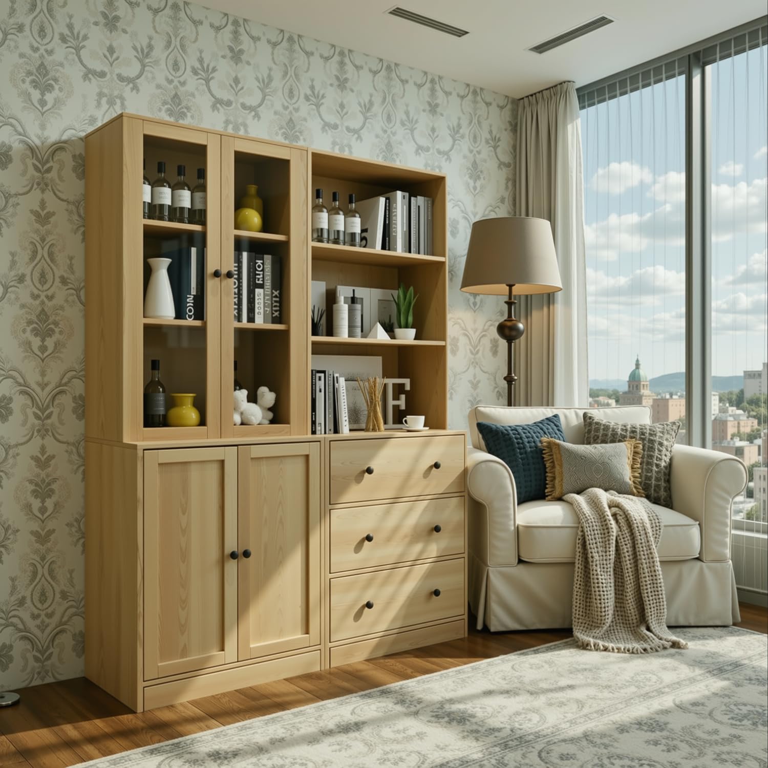 TUSY 71' H Bookshelf with Storage, 6-Tier Modern Bookshelves with 3 Large Drawer, Display Bookcase with Glass Doors, Modern 5-Tier Curio Cabinet for Home Office, Dining Room (Wood, ABBA)