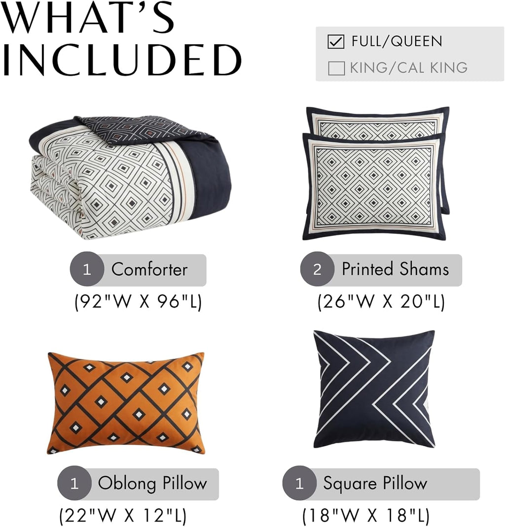 Bebejan Luxury Queen Comforter Set Black & White Geometric - 5 Piece Reversible Bedding Set, 100% Cotton Sateen, Soft Breathable All Season Bed Comforter (1 Comforter, 2 Shams & 2 Pillows)