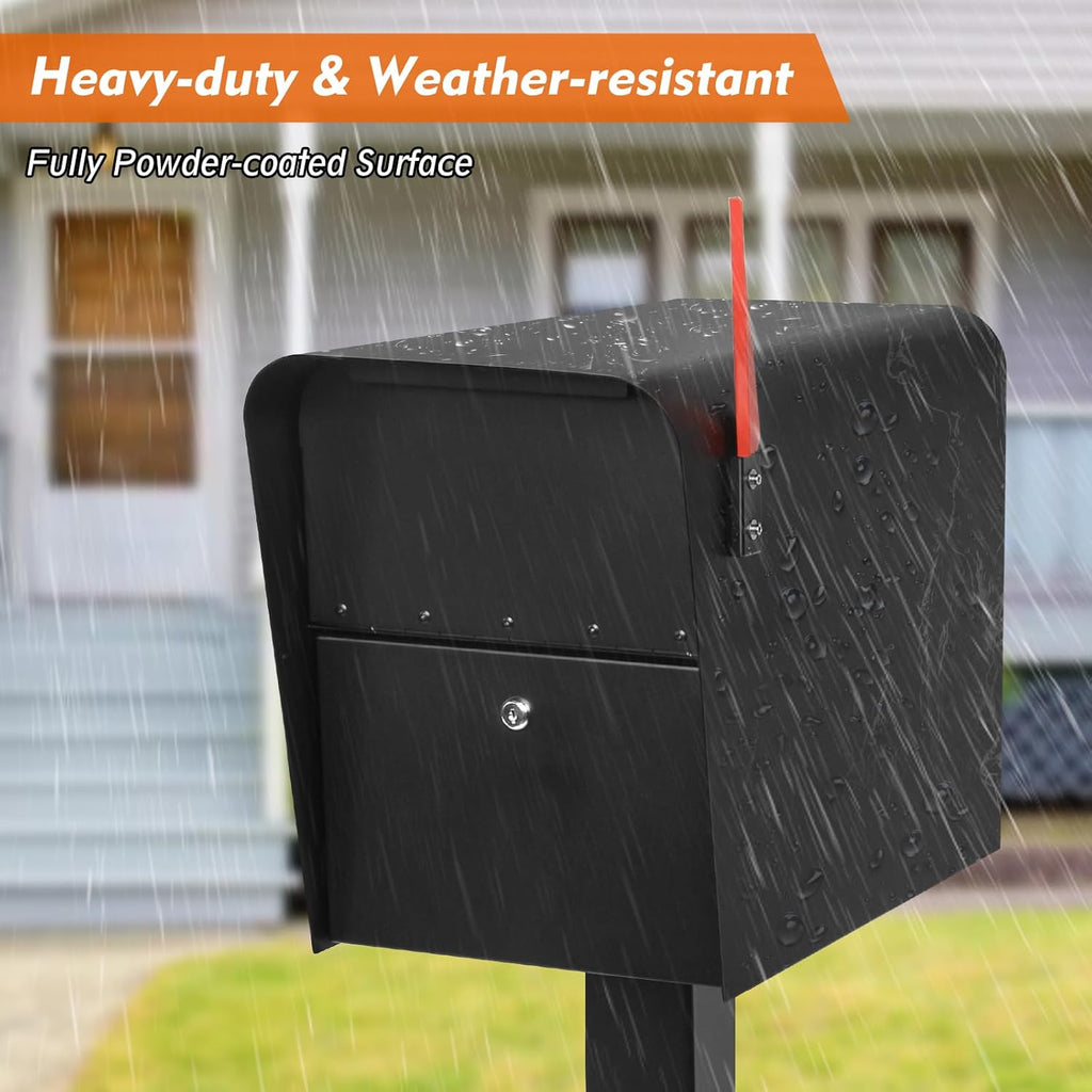 Extra Large Anti-Theft Post Mount Locking Mailbox, 21.6 x 11.8 x 16.5 Inches, High Security Parcel Mailbox with Outgoing Mail Tray, Heavy Duty Steel Mailbox for Outside, Black