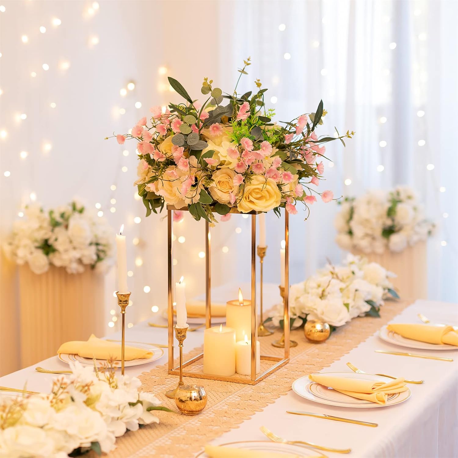 Sziqiqi Wedding Centerpieces Vase for Tables with Plates - 10 Pcs Metal Column Geometric Flower Stand 15.7in Gold Flower Display Rack Decorations for T-Stage Reception Party Fiesta Event Home