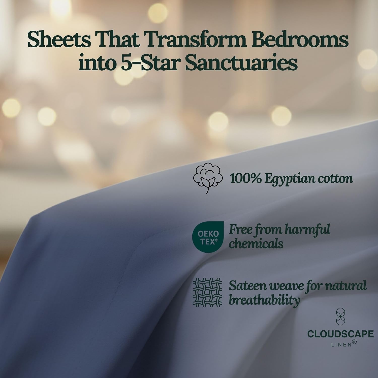 CLOUDSCAPE 100% Egyptian Cotton Sheets Queen Size, 4 Pcs Breathable & Silky Sateen Weave Queen Sheet Set, Ultra-Soft & Cooling Hotel Luxury Sheets, Deep Pocket Fitted up to 15', Dark Denim