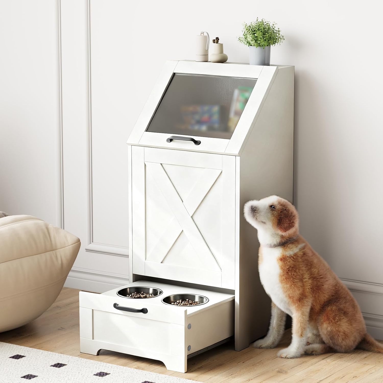 Dog Feeding Station,Dog Food Storage Cabinet,Pet Feeding Station with 2 Elevated Bowls,Hidden Pet Feeder Station with Hooks,Flip Top Pet Storage Organizer for Water,Feeding (White)