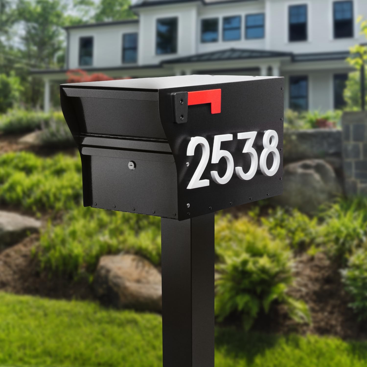 Whitehall MailVault Streetside Locking Mailbox with Post, Personalize with Modern Stand-Off Address Numbers Package – Steel, Secure Weather Resistant Modern Square Mailbox (Black/White)