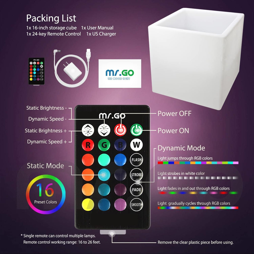 Mr.Go 16-inch SEMI-Storage LED Light Cube, Rechargeable RGB Color Changing Glowing Cube Cabinet Container End Table Ice Bucket Flower Pot Planter