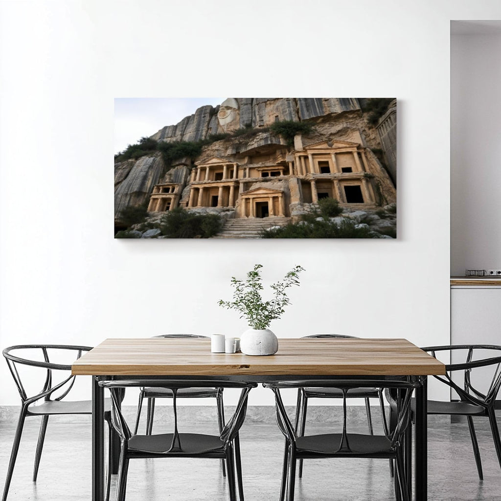 30'x 60' Canvas Wall Art Ancient Rock Carved Tombs Classic Architectural Style Framed Pictures Painting Prints Large Wall Art for Living Room Bedroom Abstract Home Wall Decor Artwork