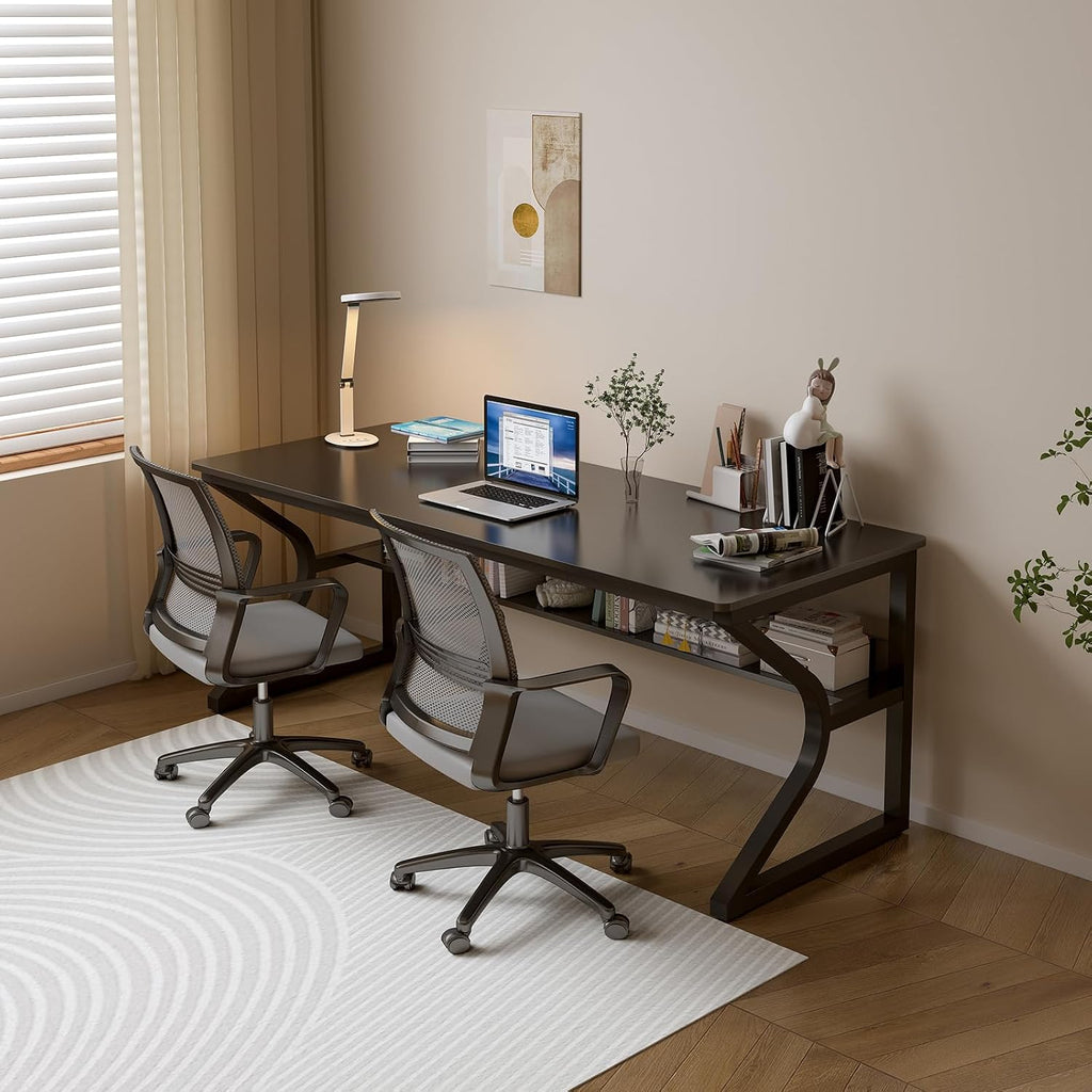 OSCHF Extra Long Desk with Bookshelf - 63' Double Long Writing Table for 2-Person Workstation, Modern Study Work Computer Desk for Home and Office, Black