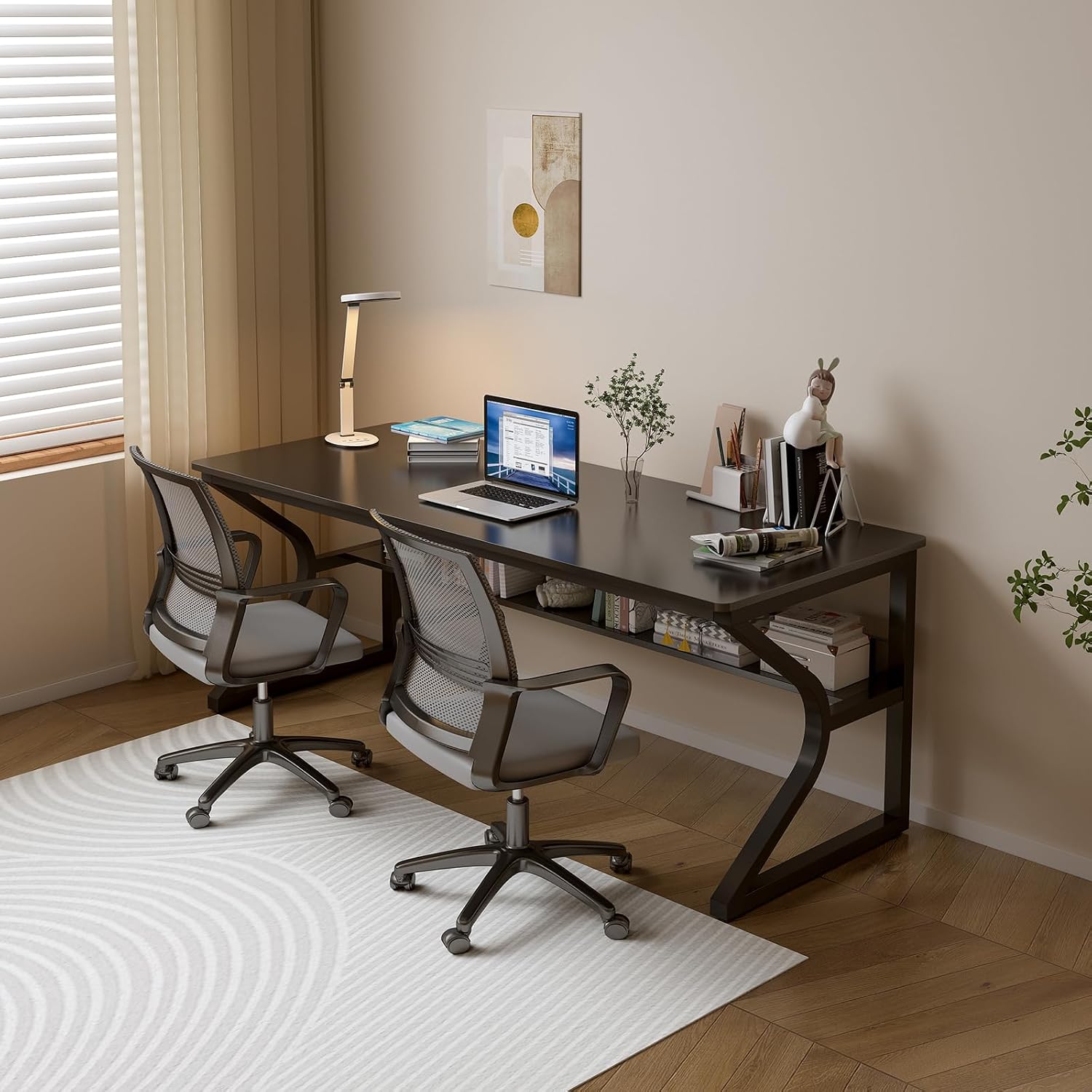 OSCHF Extra Long Desk with Bookshelf - 63' Double Long Writing Table for 2-Person Workstation, Modern Study Work Computer Desk for Home and Office, Black