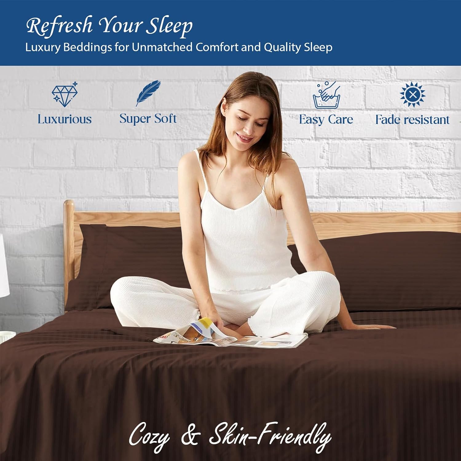 1000 Series- Extra Long Staple 100% Egyptian Cotton Sheet Set,Sateen Weave, Hotel Quality Soft Luxury Bedding, Queen Size 4 Piece Sheet Set Fit 15' Inch to 18' Deep [Stripe Chocolate]