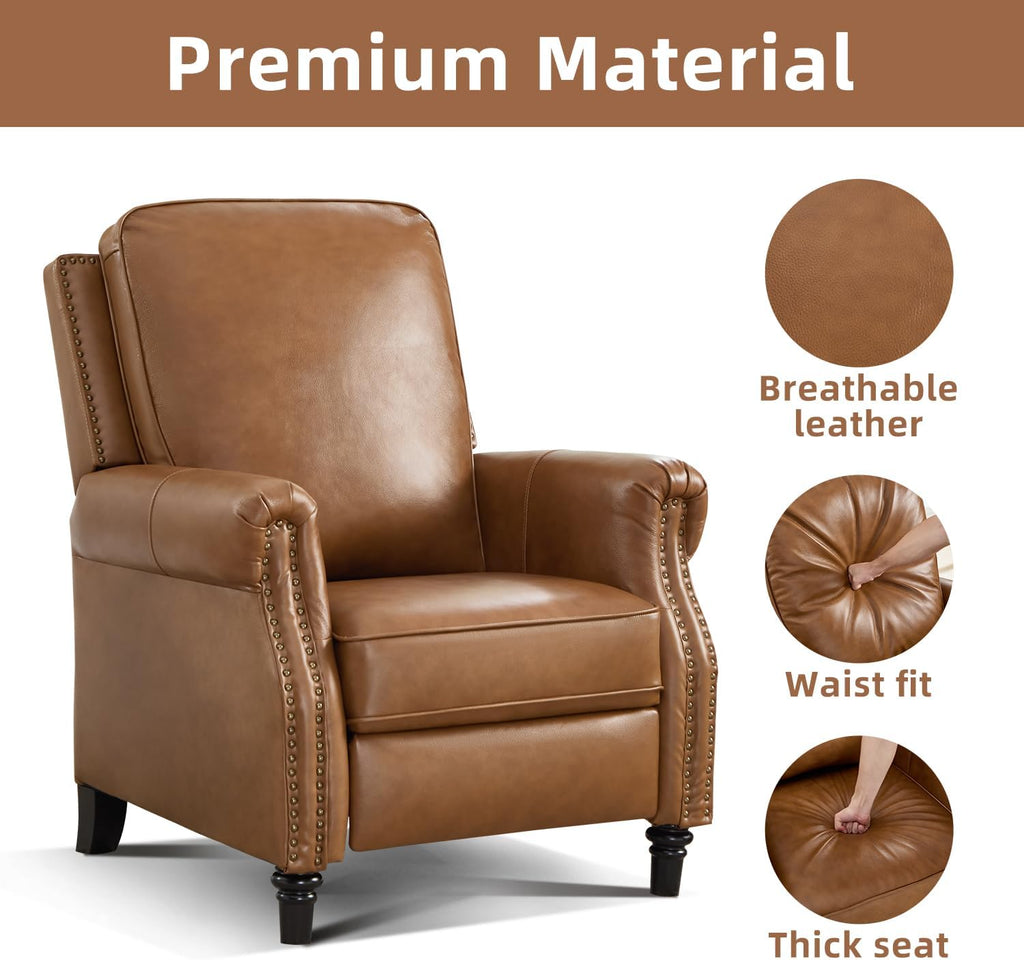 CANMOV Push Back Recliner Chair, Genuine Leather Pushback Reclining Chair with Padded Seat, Wingback Recliner with Rivet Decoration Single Sofa Recliner for Living Room Apartment, Brown