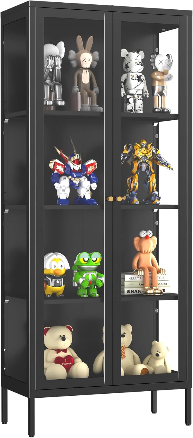 SteeLoong 66' Display Cabinet with Tempered Glass,Metal Curio Cabinet with Glass Doors,4-Tier Display Case for Collectibles,Trophy,Plant,Black Storage Cabinets for Living Room - Assemble Required