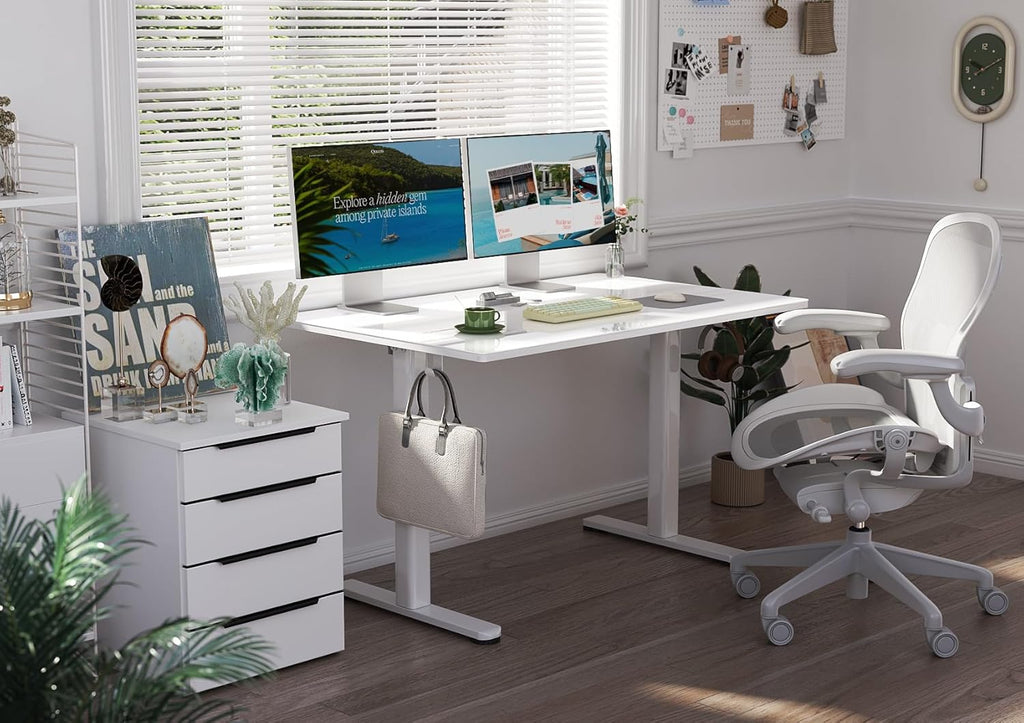 Claiks Small Glass Standing Desk, 35x20 Inch Electric Standing Desk Adjustable Height Quick Install for Computer Workstations, Super White